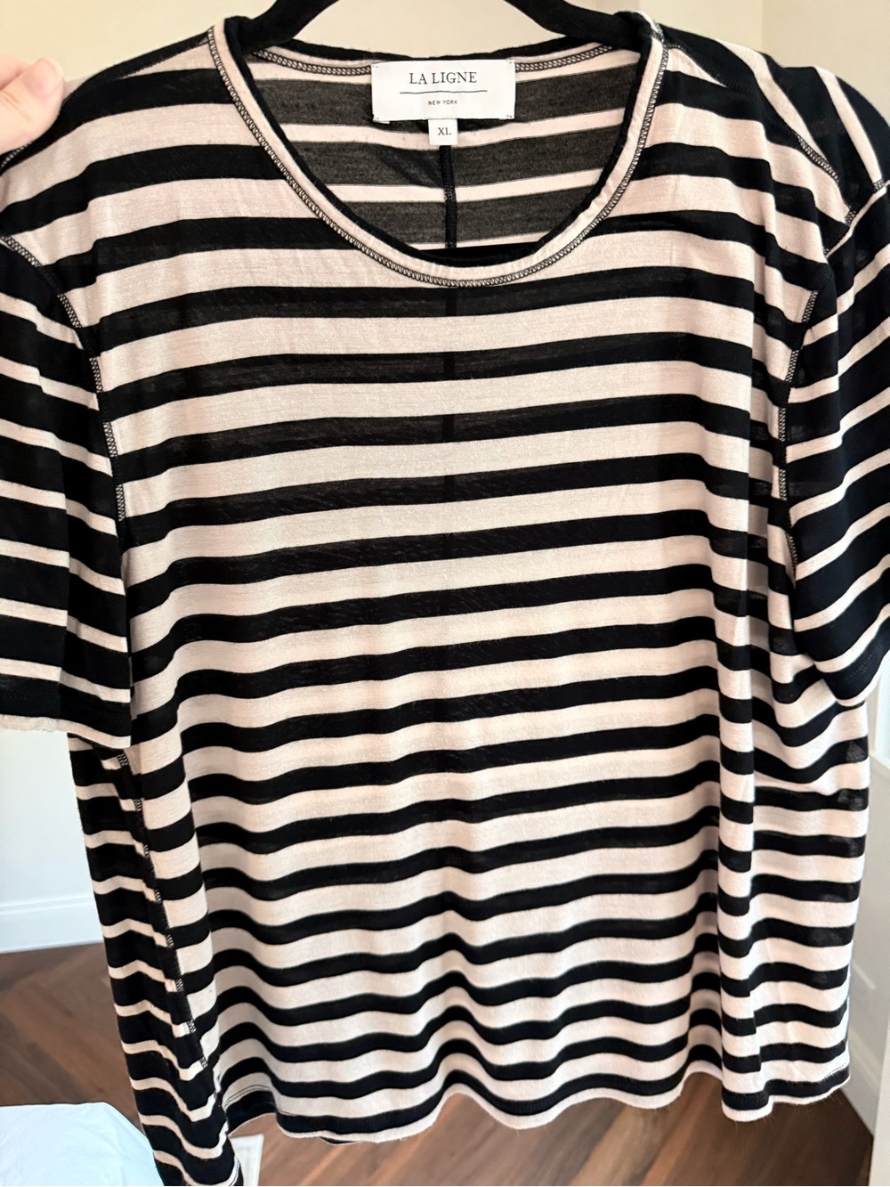 La Ligne Black and Cream Striped Short-Sleeve Tee